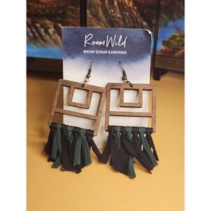 New ROAM WILD Bikini Scrap Earrings Wood Green &‎ Black Fabric Tassels FREE $HIP